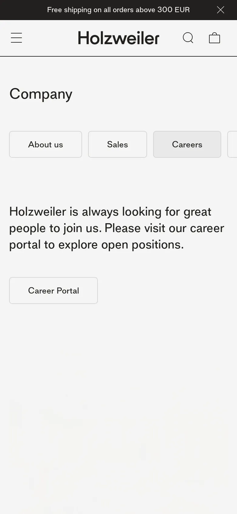 The mobile version presents a simplified vertical layout with the 'Company' heading at the top. The navigation buttons are stacked or arranged in a more compact grid, and the text and 'Career Portal' button are centered for easier tapping on a smaller screen. The large office image is removed from the immediate view to prioritize the text and call-to-action.