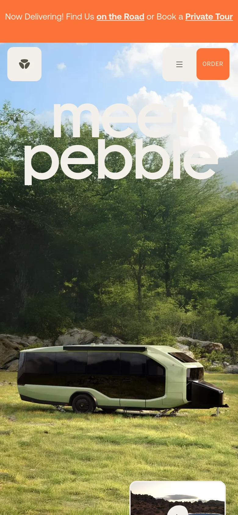 The mobile version presents a vertically stacked layout with the 'meet pebble' headline and hero image of the electric trailer in a forest setting. The orange announcement bar is prominent at the top and bottom of the initial view, and the navigation menu is condensed into a hamburger icon next to an orange 'ORDER' button.