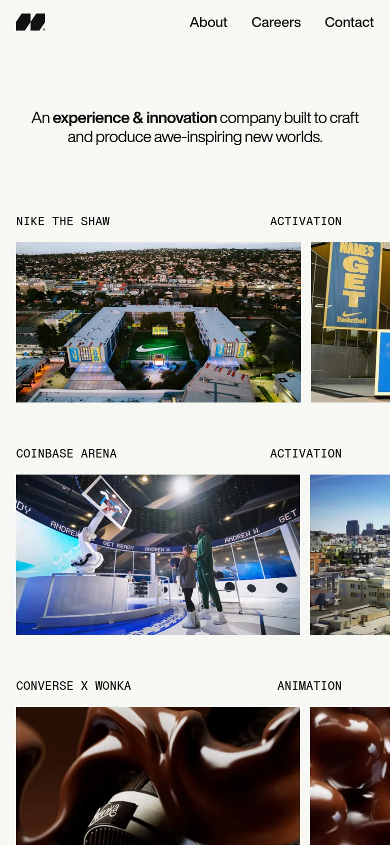 The mobile version presents a vertically stacked layout with the same minimalist aesthetic and centered headline. The project sections, such as Nike The Shaw and Coinbase Arena, transition from a multi-column grid to single-column large images to fit the narrow screen. Navigation is simplified, and the content focuses on a continuous vertical scroll of high-impact imagery.