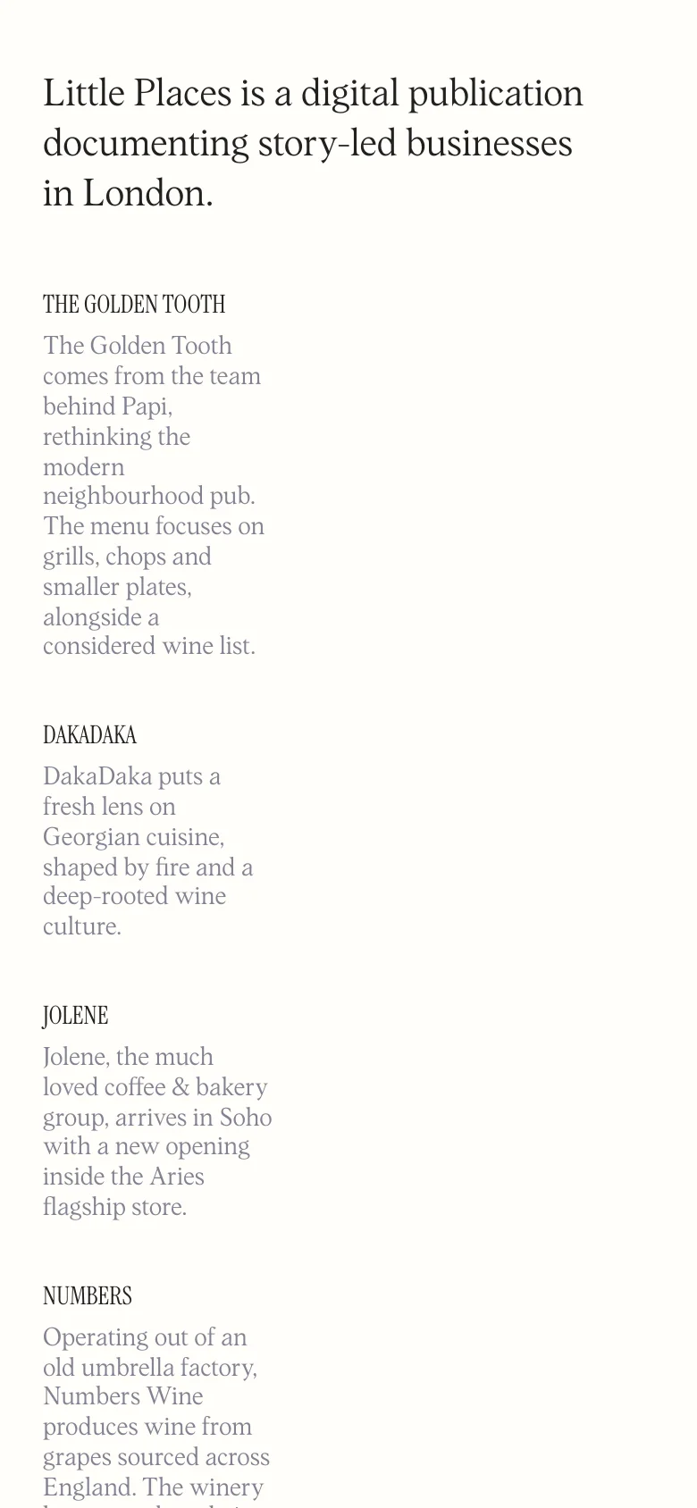 The mobile version maintains the minimalist white and black aesthetic but uses a single-column vertical layout. The navigation is condensed, and the featured business sections stack vertically, showing the headline, description, and image for each entry in a continuous scroll.