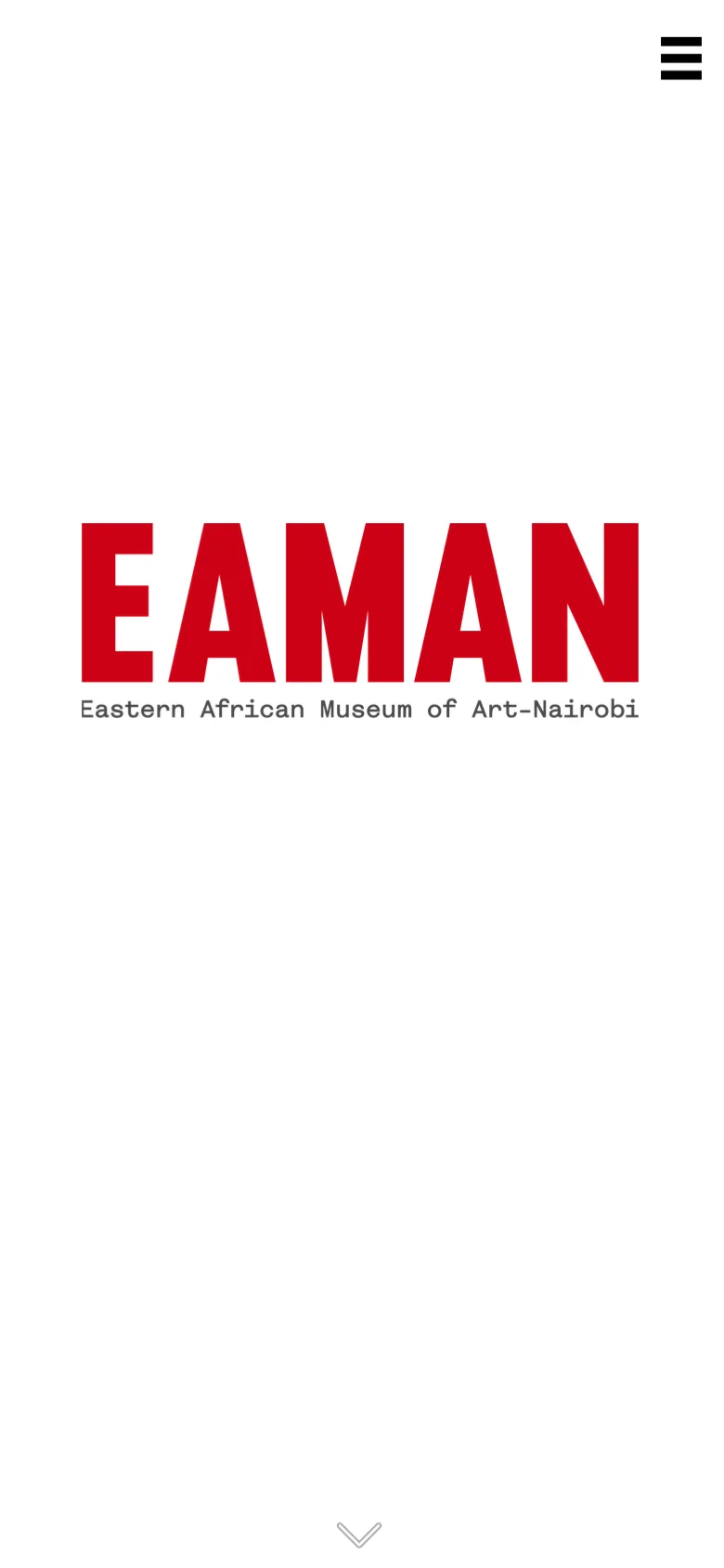 The mobile version maintains the minimalist white layout, centering the large red 'EAMAN' logo and black monospaced subtitle. The hamburger menu icon is positioned at the top right, and a downward arrow icon sits at the bottom to indicate more content below.