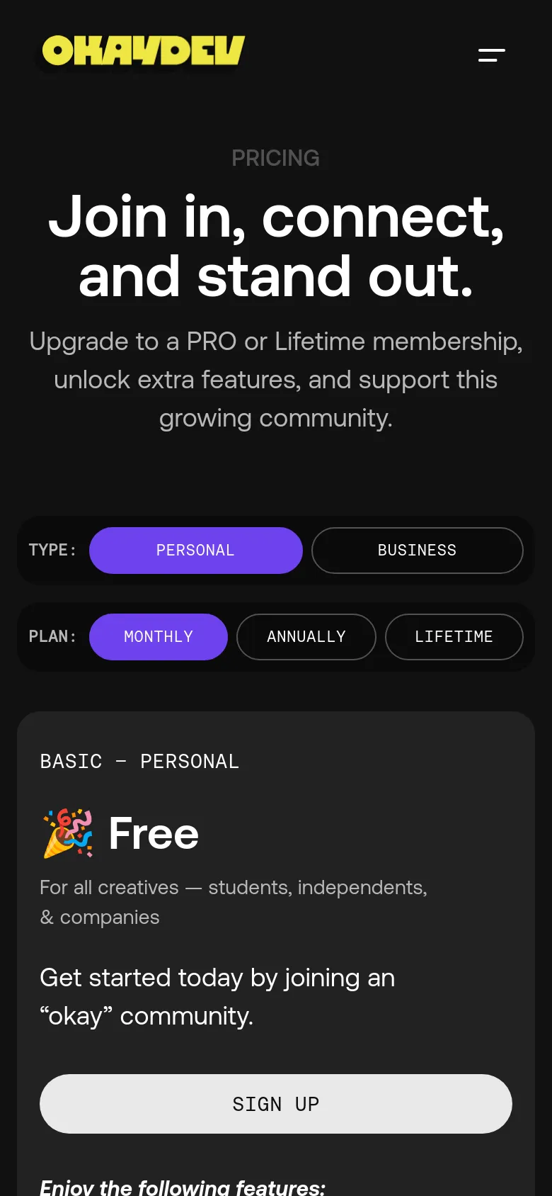 The mobile version uses a single-column layout on a dark background, starting with the centered headline and subtext. The type and plan selection toggles are stacked above the pricing cards, which are displayed vertically one after another to ensure readability on a narrow screen.
