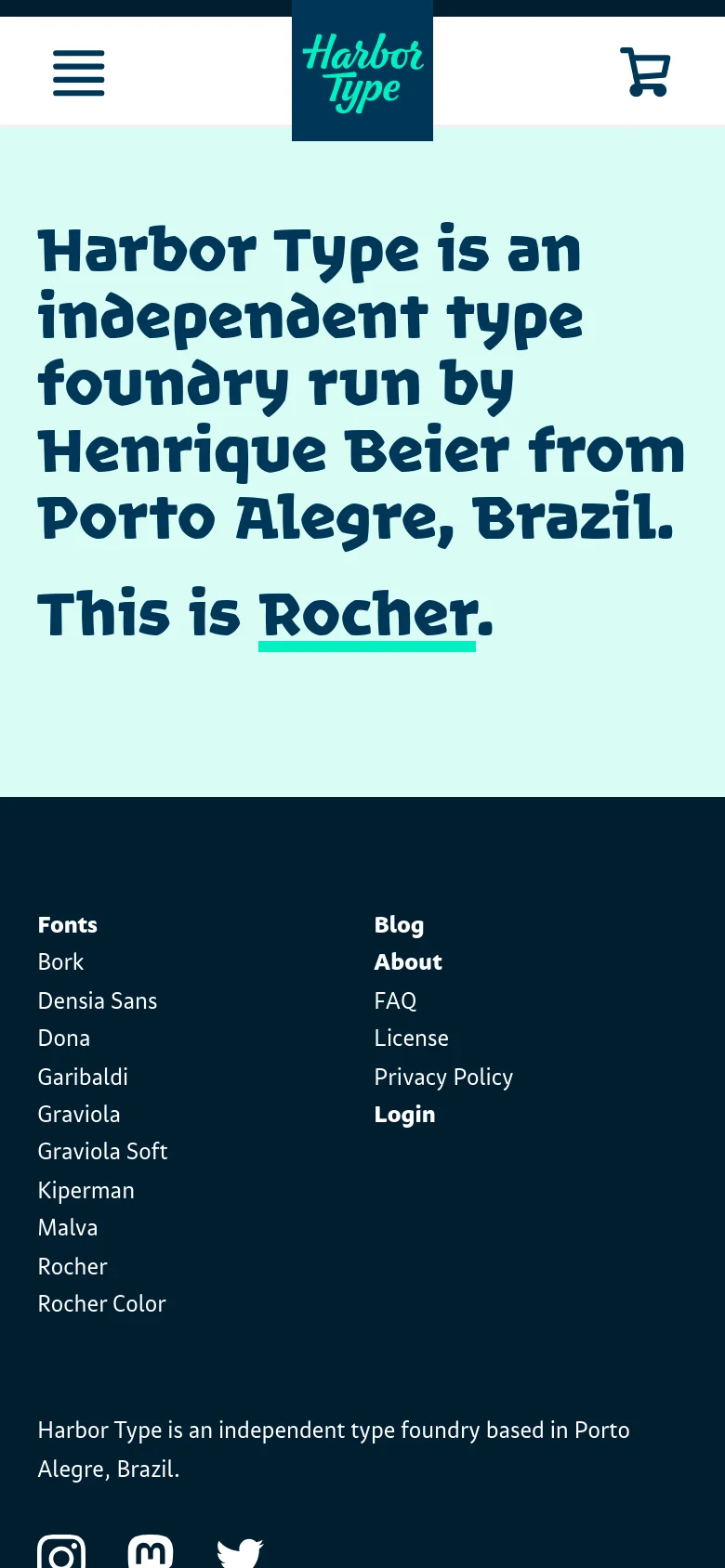 The mobile version uses a simplified layout with a condensed header containing a hamburger menu, the Harbor Type logo, and a shopping cart icon. The main hero section displays the same large serif typography on a mint green background, but the text is stacked vertically for readability. The footer remains dark navy, presenting navigation links in a single column above social media icons.