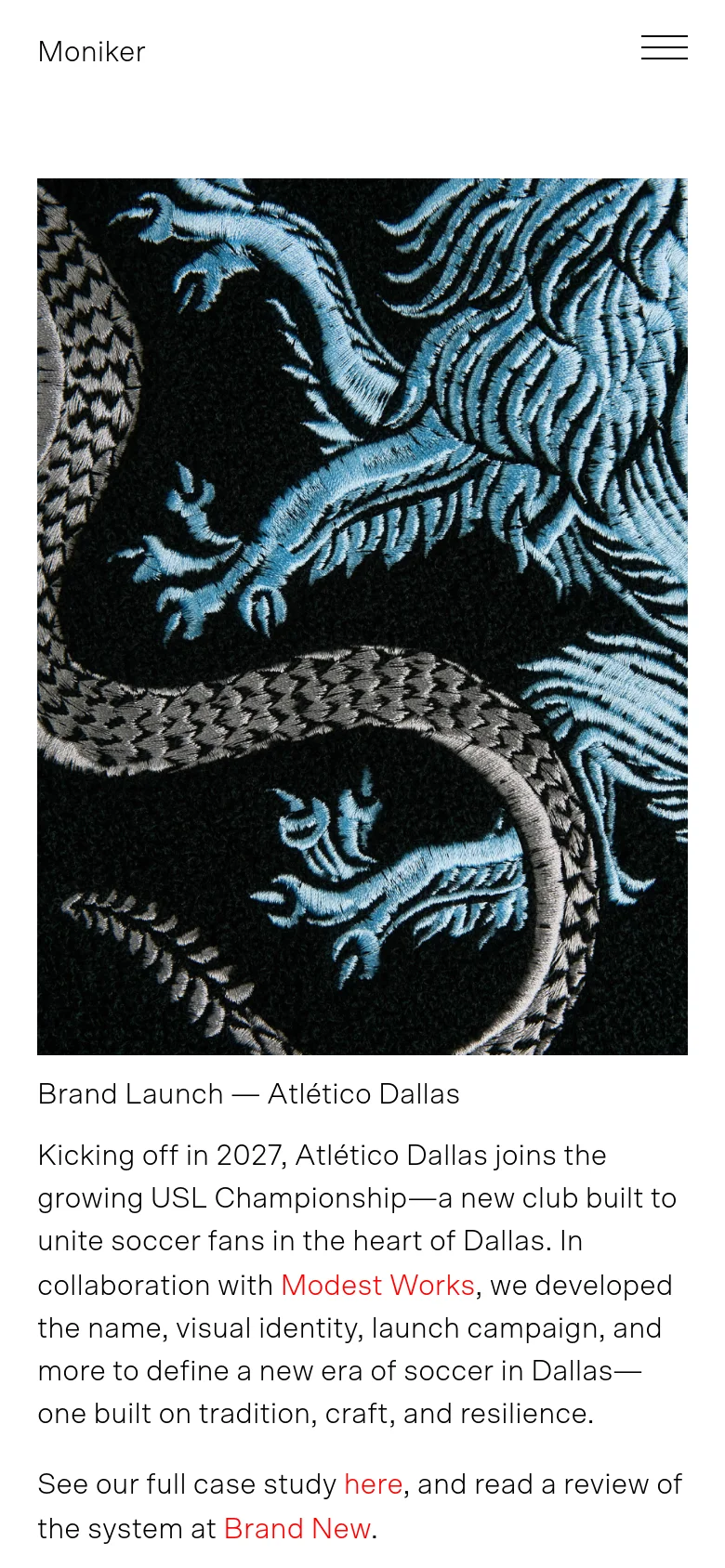The mobile version simplifies the layout into a single vertical column, starting with the Moniker logo and a hamburger menu icon. The large grid of images from the desktop version is replaced by a single, full-width hero image of blue embroidery, followed by the news text content stacked vertically.