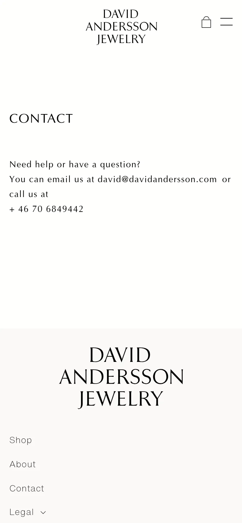 The mobile version maintains the minimalist white and black aesthetic but uses a stacked layout. The 'Contact' heading and contact information are left-aligned, and the header features the brand logo prominently with the shopping bag and menu icons positioned to the right. The footer links are arranged vertically for easier mobile navigation.