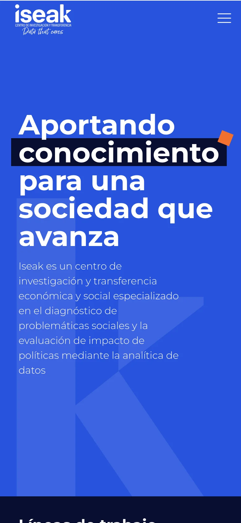 The mobile version presents a simplified vertical layout with a hamburger menu icon in the top right and the ISEAK logo on the left. The hero text is stacked vertically to fit the narrow screen, and the four-column grid from the desktop version transitions into a single-column vertical stack.