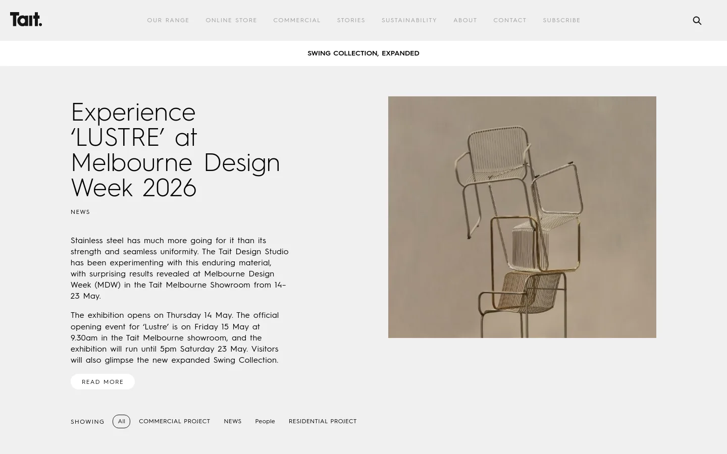 The desktop Stories page features a minimalist design with a white background and black text. A large headline, 'Experience ‘LUSTRE’ at Melbourne Design Week 2026', sits on the left, paired with a large hero image of stacked stainless steel chairs on the right. Below the text, a 'Read More' button and a horizontal filter menu for story categories are visible.