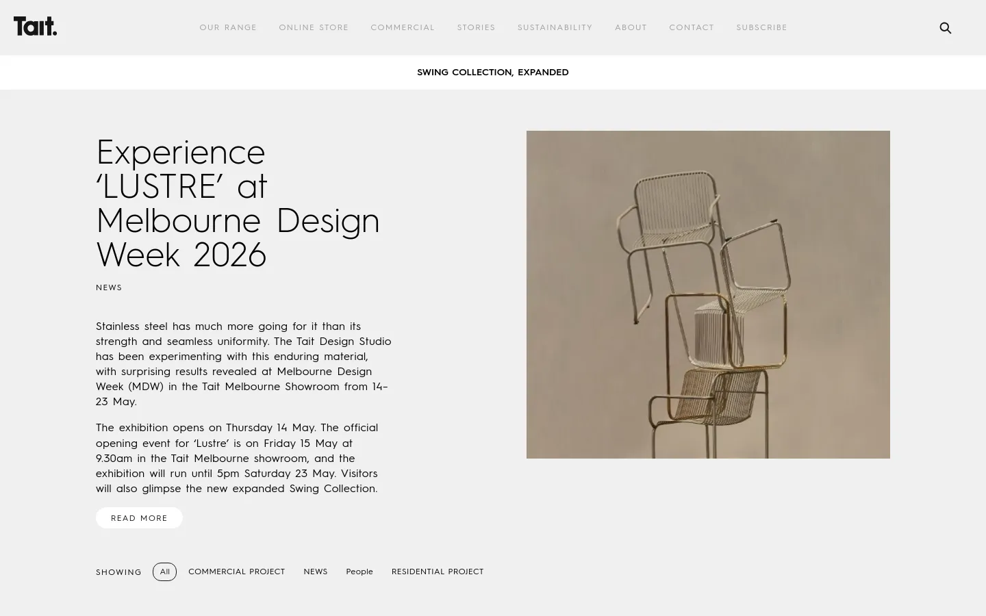 The desktop Stories page features a minimalist design with a white background and black text. A large headline, 'Experience ‘LUSTRE’ at Melbourne Design Week 2026', sits on the left, paired with a large hero image of stacked stainless steel chairs on the right. Below the text, a 'Read More' button and a horizontal filter menu for story categories are visible.