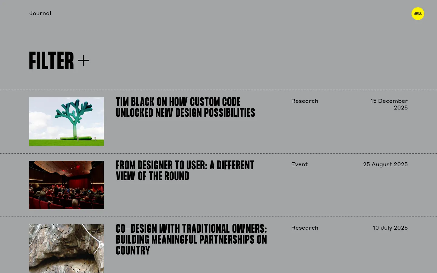 The Journal page features a minimalist grey background with a large 'FILTER +' heading. Below, journal entries are listed in a vertical row layout, each containing a rectangular landscape image on the left, a bold black headline in the center, and the category and date on the right.