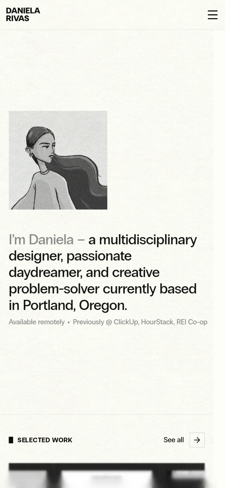 Mobile version of the homepage with a light, textured background and a simplified vertical layout. The hero section stacks the grayscale illustration above the introductory headline, and the navigation is condensed into a hamburger menu icon in the top right corner.