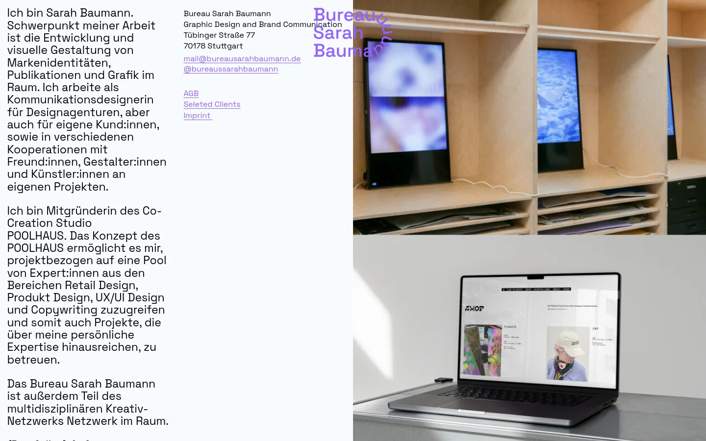 The desktop homepage features a minimalist design with a white background and a logo for Bureau Sarah Baumann at the top. A large, two-column layout displays German text on the left and high-quality photographic imagery of design work on the right, including a wooden shelving unit and a laptop. Navigation links and contact information are positioned in the footer area.