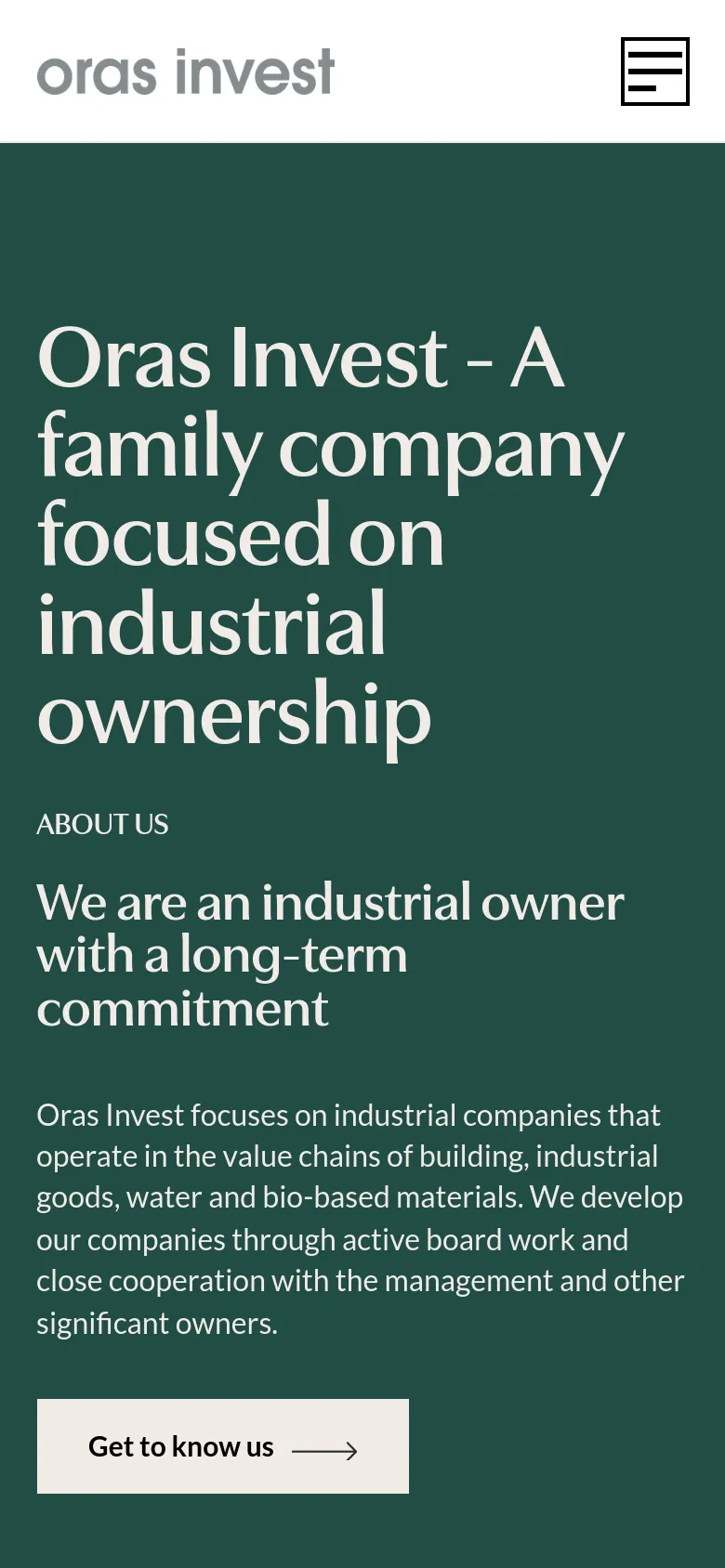 The mobile version presents a simplified vertical layout with the dark green background and large white headline at the top. The 'About Us' text and 'Get to know us' call-to-action button are stacked vertically below the headline, and the navigation menu is collapsed into a hamburger icon in the top right corner.