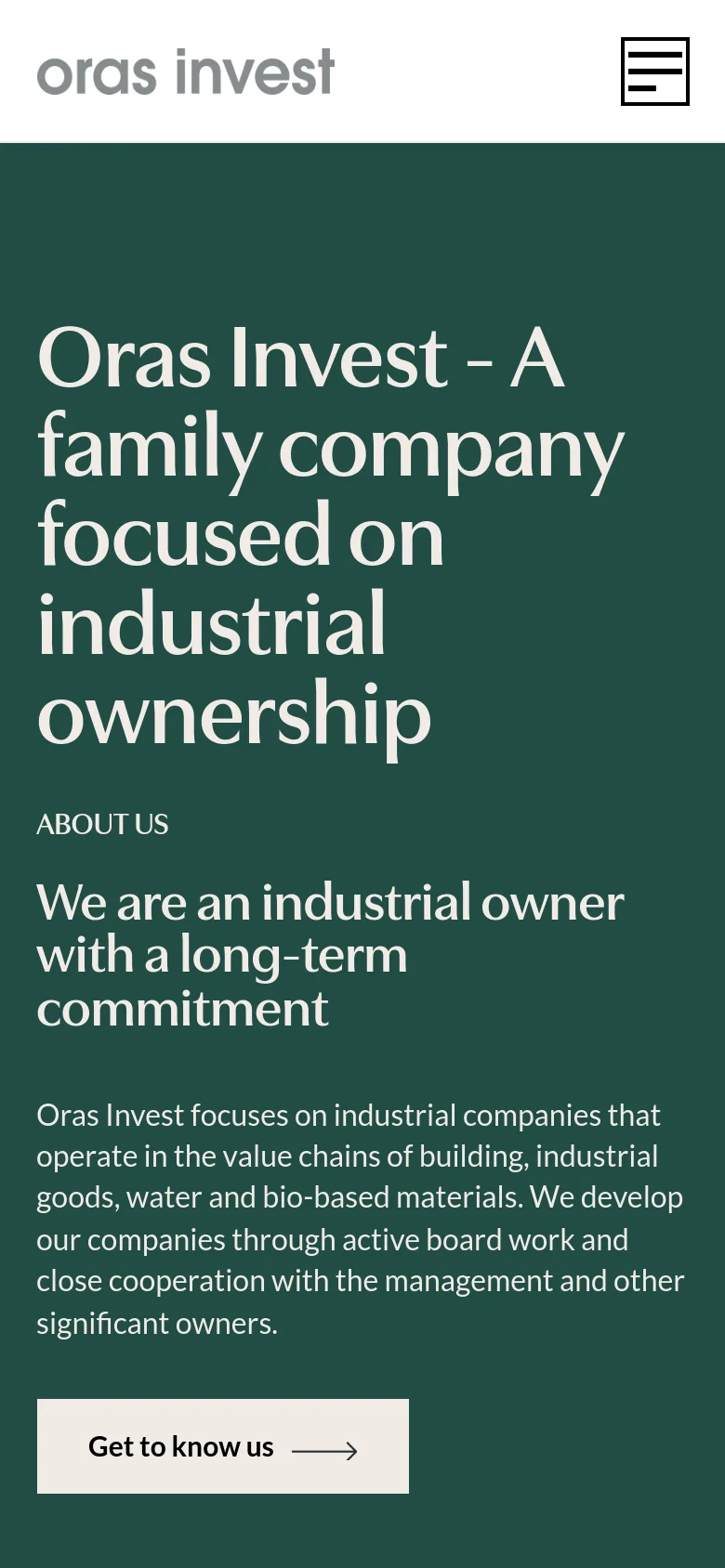 The mobile version presents a simplified vertical layout with the dark green background and large white headline at the top. The 'About Us' text and 'Get to know us' call-to-action button are stacked vertically below the headline, and the navigation menu is collapsed into a hamburger icon in the top right corner.