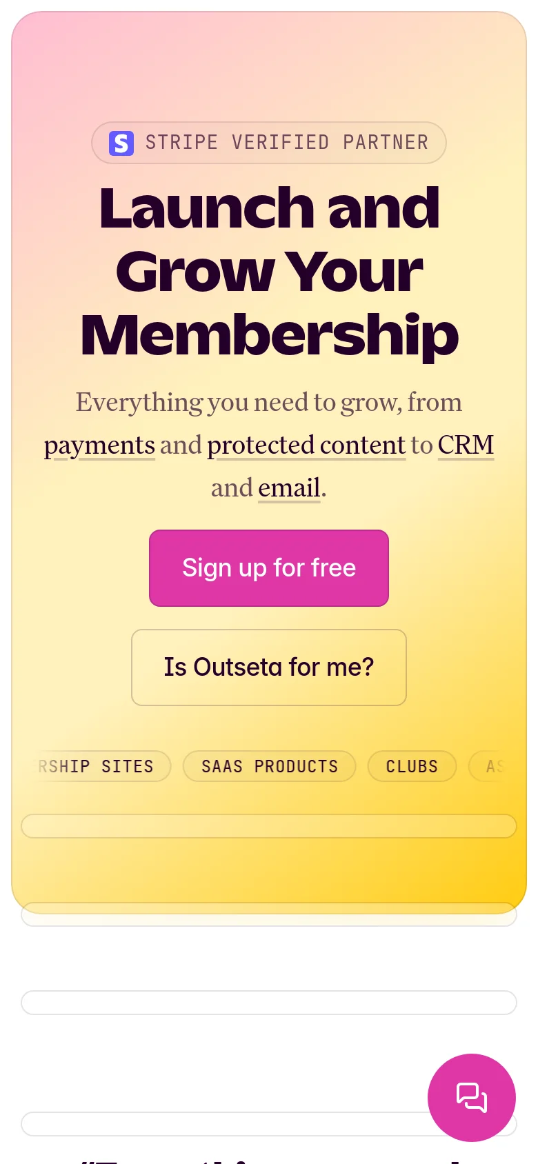 The mobile version presents a vertically stacked layout with the same pink-to-yellow gradient hero section. The headline and subtext are centered, and the 'Sign up for free' and 'Is Outseta for me?' buttons are enlarged and stacked vertically for easier tapping on a small screen.
