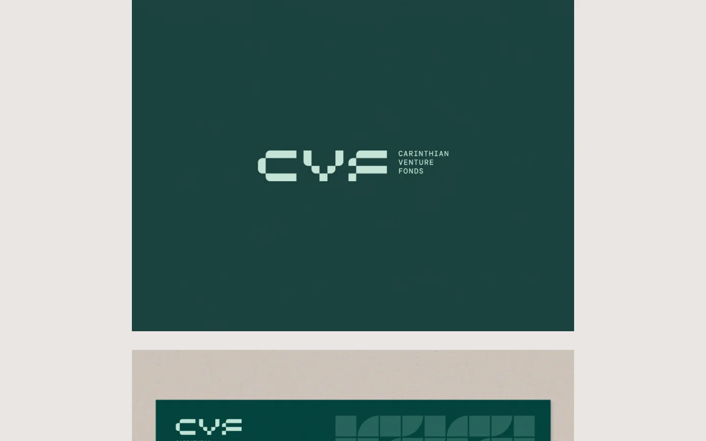 The desktop homepage features a minimalist dark green background with a large, stylized white pixelated logo for 'CVF Carinthian Venture Fonds' centered in the hero section. A navigation menu with an 'Info' link is visible at the top, and below the hero, a secondary section displays a grid of geometric patterns alongside the logo.