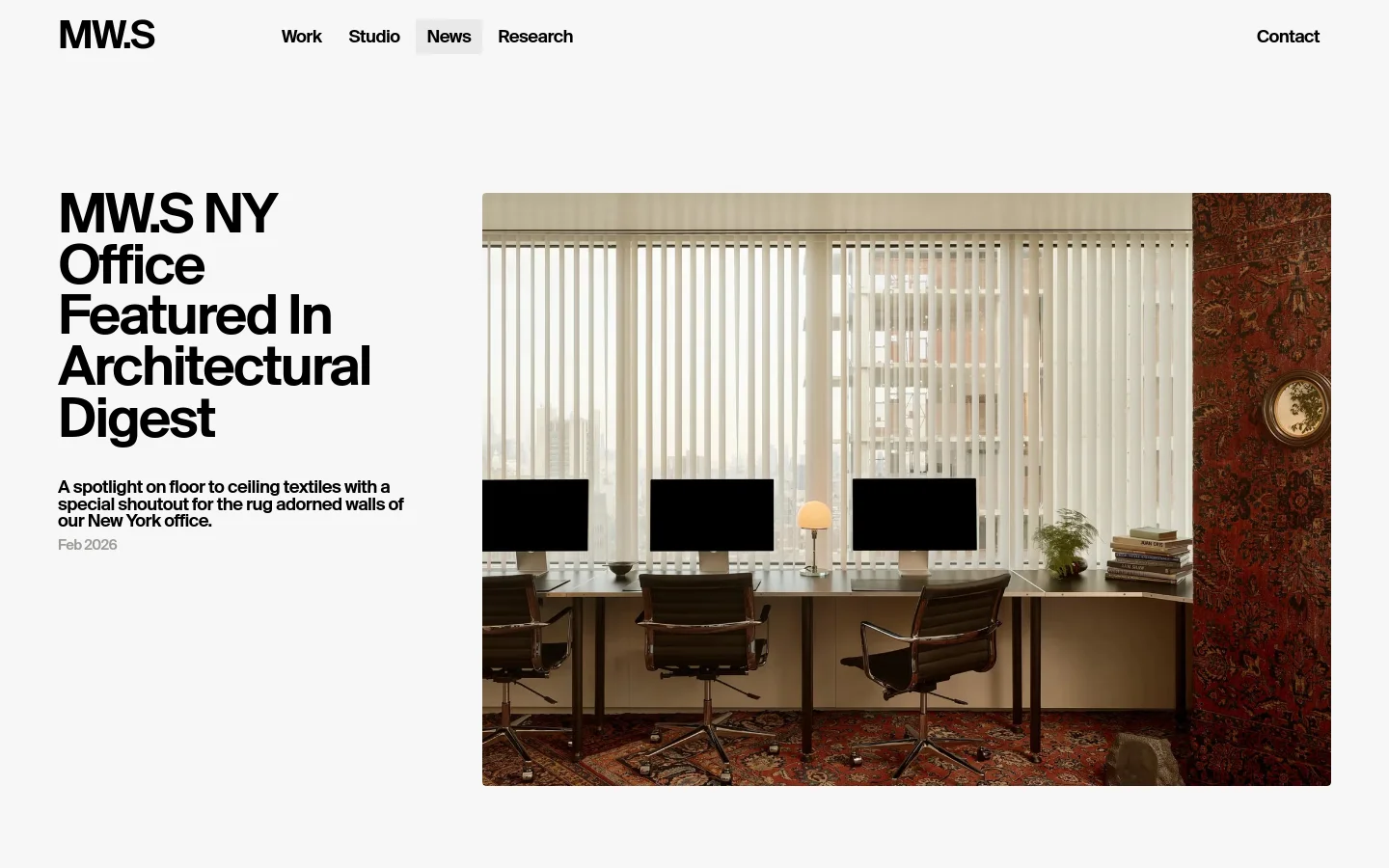 MOUTHWASH Studio news page featuring a large hero section with bold black typography and a wide photograph of a sunlit office with vertical blinds and rug-adorned walls. The minimalist layout uses a high-contrast black and white palette with a clean navigation menu and a filterable news grid below.