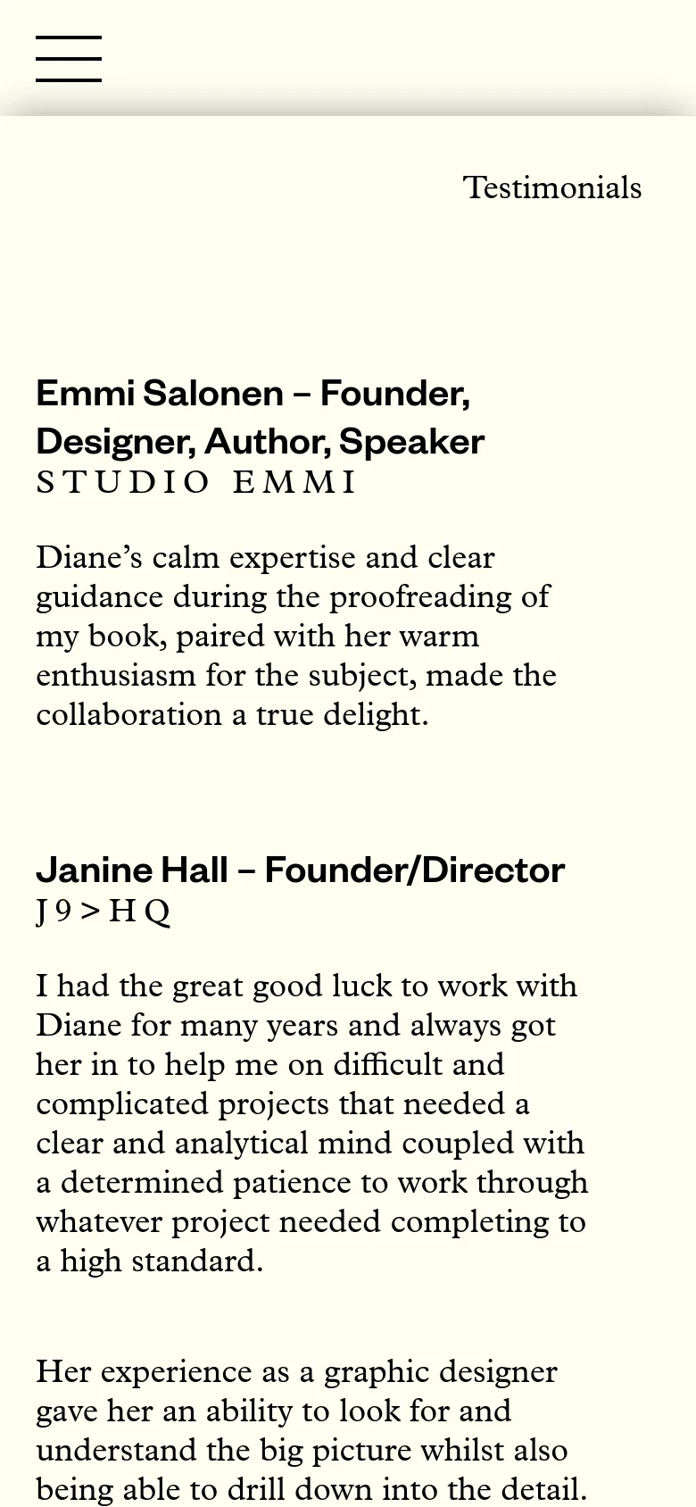 The mobile version presents a single-column layout optimized for vertical scrolling on a cream background. The testimonials are stacked vertically with large, bold headings for the client names and their roles, ensuring readability on a smaller screen.