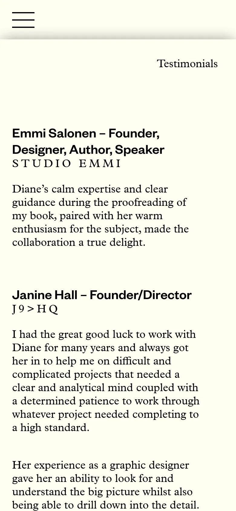 The mobile version presents a single-column layout optimized for vertical scrolling on a cream background. The testimonials are stacked vertically with large, bold headings for the client names and their roles, ensuring readability on a smaller screen.