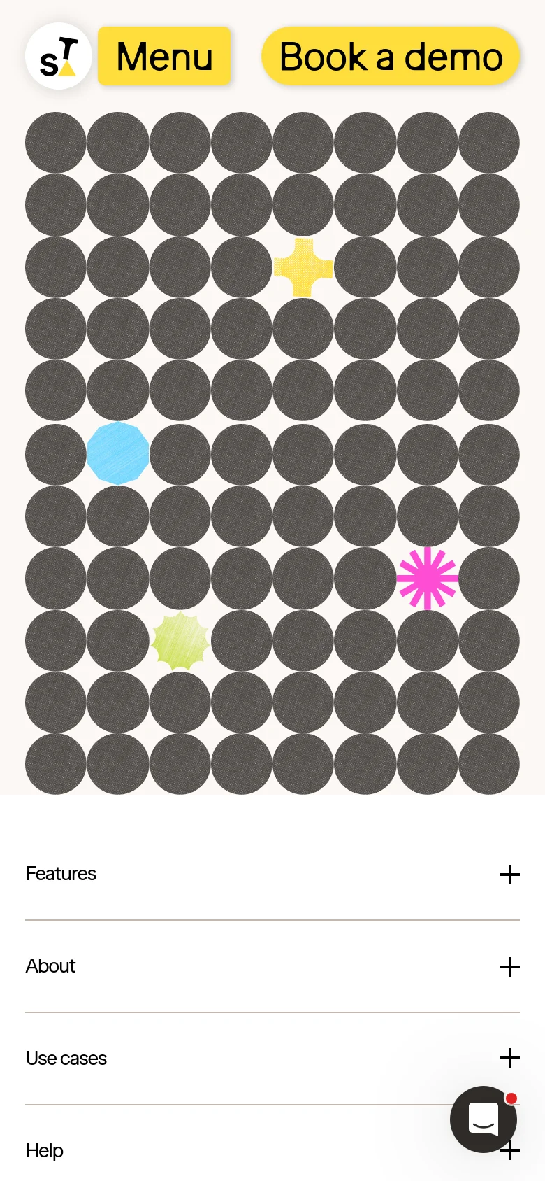 The mobile version presents a simplified layout with a prominent yellow 'Menu' button and a 'Book a demo' button at the top. Below the header, the same grid of dark grey circles and colorful abstract shapes is displayed, followed by an accordion-style footer menu with expandable sections for Features, About, Use cases, and Help.