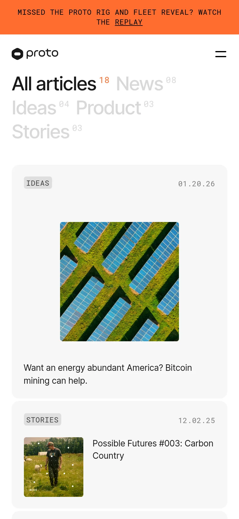 The mobile version simplifies the layout, condensing the navigation into a hamburger menu icon. The large headline and category filters are stacked vertically to fit the narrow screen, and the blog posts transition from a multi-column grid to a single-column vertical list.