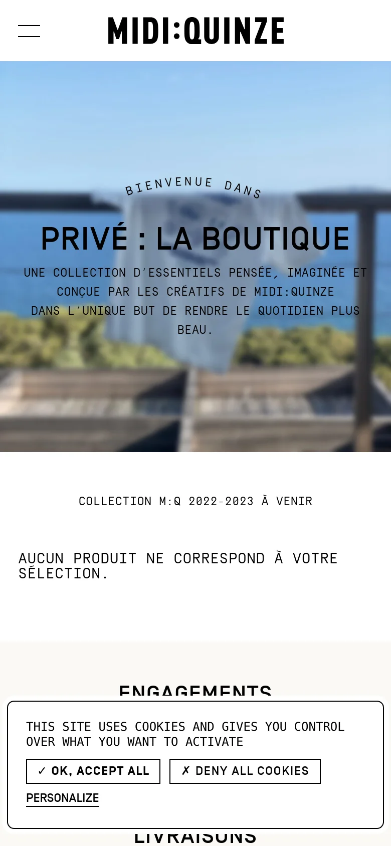 The mobile version presents a vertically stacked layout, focusing on the large blurred hero image and centered typography. The headline 'PRIVÉ : LA BOUTIQUE' is prominent, followed by the collection description and a notice that no products are currently available. A cookie consent banner occupies the bottom of the screen, and the navigation is condensed.