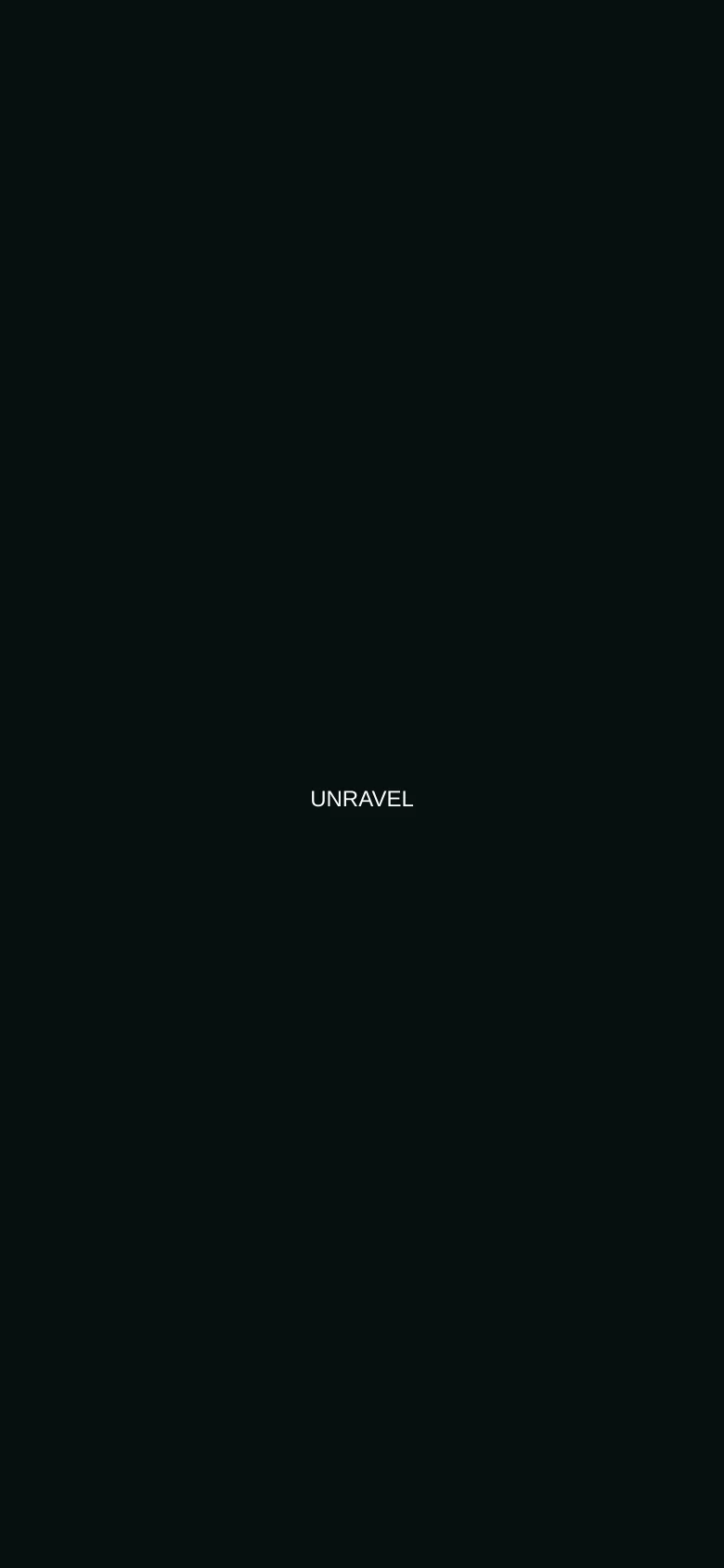 The mobile version maintains the same minimalist aesthetic with a black background and white text. The layout is vertically oriented, displaying 'UNRAVEL' and the large headline 'NON SPIRITUAL MATTER' centered on the screen.