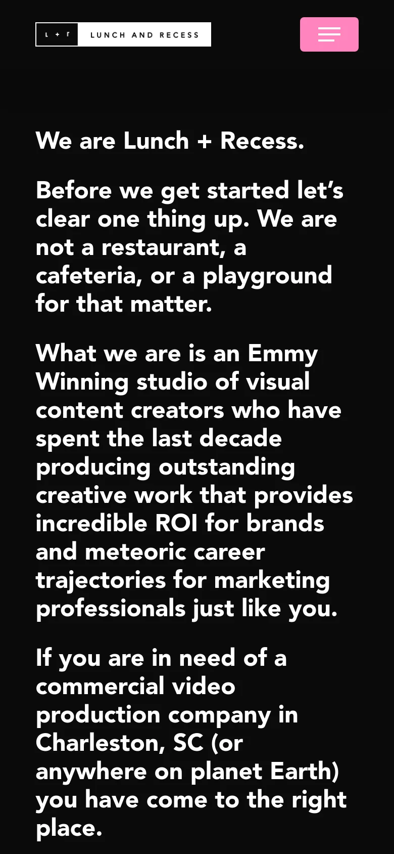 The mobile version presents a simplified layout with a black background and white text. The header contains the company logo on the left and a pink hamburger menu icon on the right, followed by large, bold white typography explaining the agency's services.