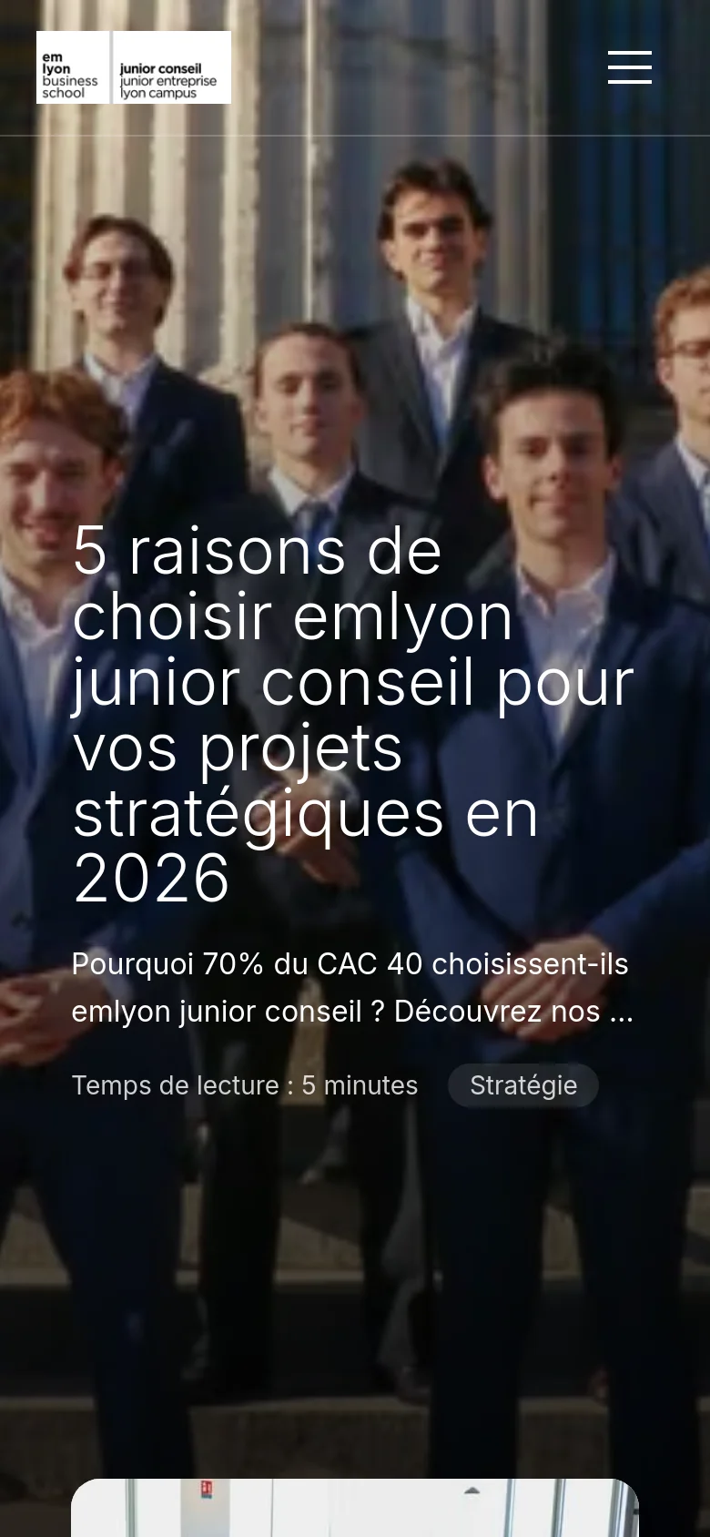 The mobile version presents a vertically stacked layout starting with a large hero image of the student group and the main article headline. The navigation menu is condensed into a hamburger icon at the top right, and the article cards below are arranged in a single column for easier scrolling on small screens.
