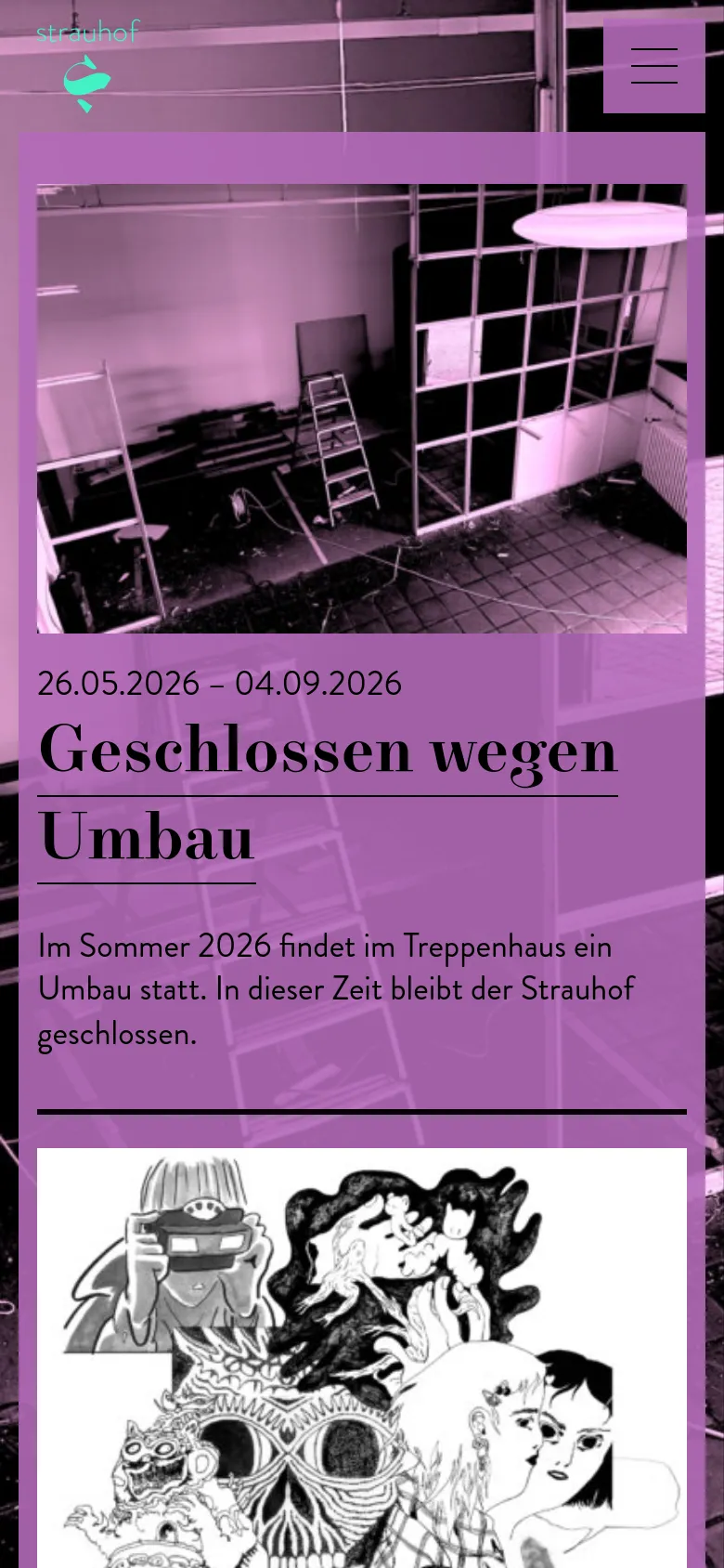 The mobile version simplifies the layout by stacking content vertically. The navigation bar is replaced by a hamburger menu icon in the top right, and the exhibition entries feature large images positioned above their respective dates, headlines, and descriptions for easier scrolling on a narrow screen.
