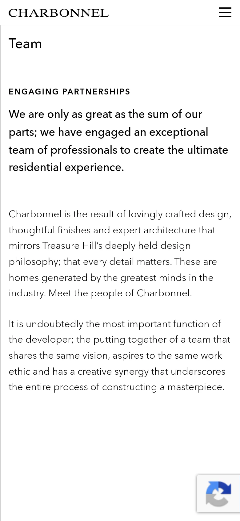 The mobile version presents a simplified single-column layout with the 'Charbonnel' logo centered at the top and a hamburger menu icon on the right. The text content is stacked vertically, maintaining the same serif typography and white background as the desktop version.