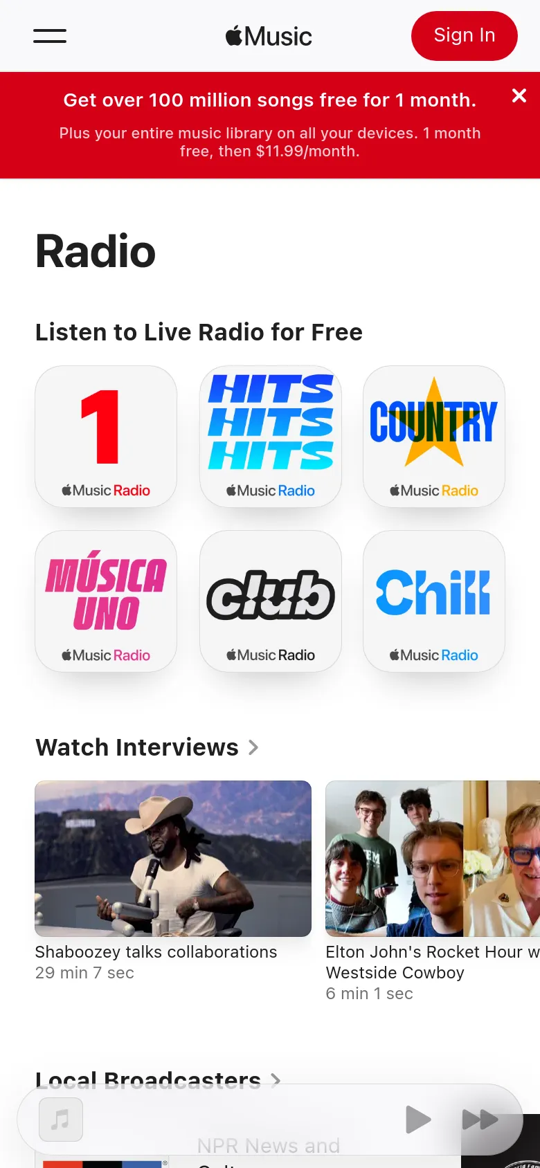 The mobile version presents a single-column vertical layout optimized for small screens. The radio station tiles are stacked or arranged in a scrollable grid, and the sidebar navigation is replaced by a bottom playback bar and a simplified header. The 'Watch Interviews' and 'Local Broadcasters' sections follow a vertical flow with larger, touch-friendly elements.