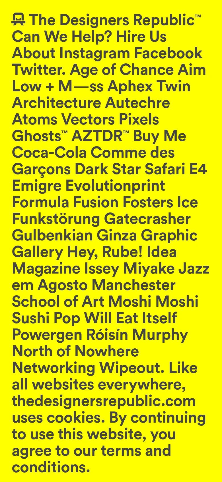 The mobile version maintains the same high-contrast yellow and black color scheme and text-heavy layout. The content is presented in a single, continuous vertical column of text, optimized for scrolling on a narrow screen.