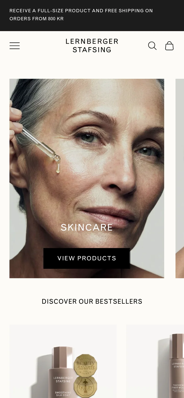 The mobile version uses a simplified vertical layout with a hamburger menu and a centered brand logo. The large category images are stacked vertically instead of side-by-side, with the 'Skincare' category appearing first as a full-width hero image. The 'Discover our Bestsellers' section follows below, presenting products in a single-column scrollable format.