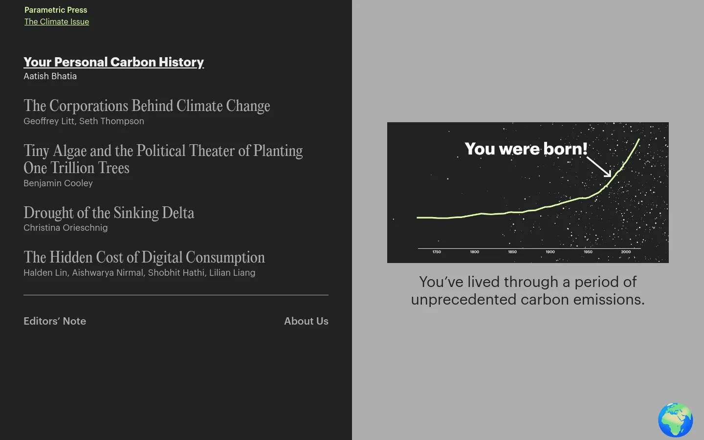 The desktop homepage for Parametric Press features a dark gray background with white and light gray text. A vertical list of article headlines and authors occupies the left side, while the right side displays a large graphic of a rising line graph against a starry background with the text 'You were born!' and a caption below. A small globe icon is visible in the bottom right corner.