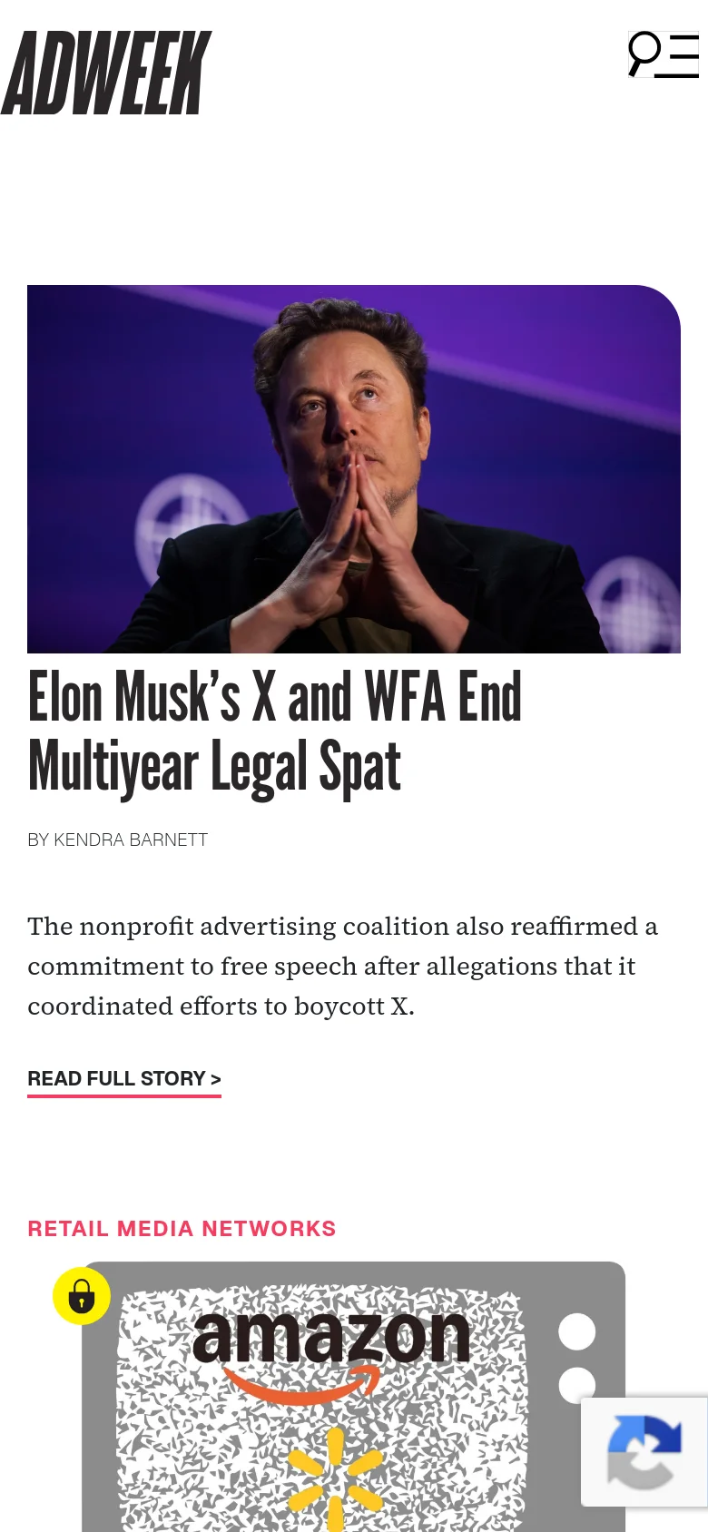 The mobile version presents a single-column vertical layout optimized for scrolling. The hero image of Elon Musk and the primary headline dominate the top of the screen, followed by news stories stacked vertically with smaller images and text. The navigation menu is condensed into a hamburger icon and search icon at the top right to save space.