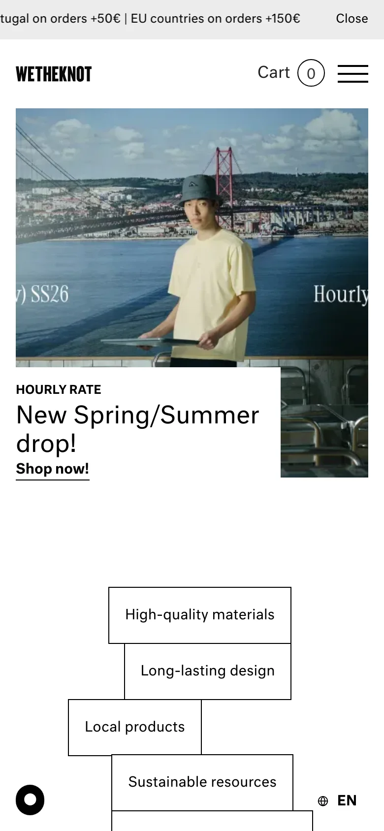 The mobile version presents a vertically stacked layout with the hero image of the person by the bridge at the top, followed by the 'HOURLY RATE' headline and 'Shop now!' link. A series of overlapping white rectangular cards below highlight brand values like 'High-quality materials' and 'Sustainable resources.' The header is simplified with a large brand logo, a cart icon, and a hamburger menu icon.