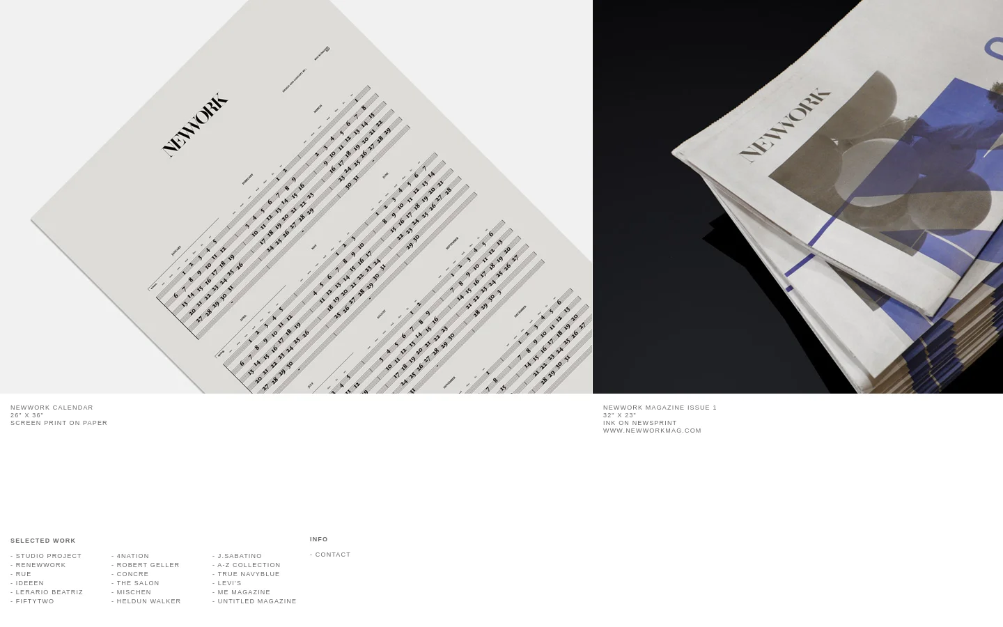 The desktop homepage features a minimalist, high-angle shot of a large white printed calendar titled 'NEWWORK' resting on a dark surface. Below the image, text sections detail the calendar specifications and magazine information, with a multi-column footer listing 'SELECTED WORK' and 'INFO' links on a white background.