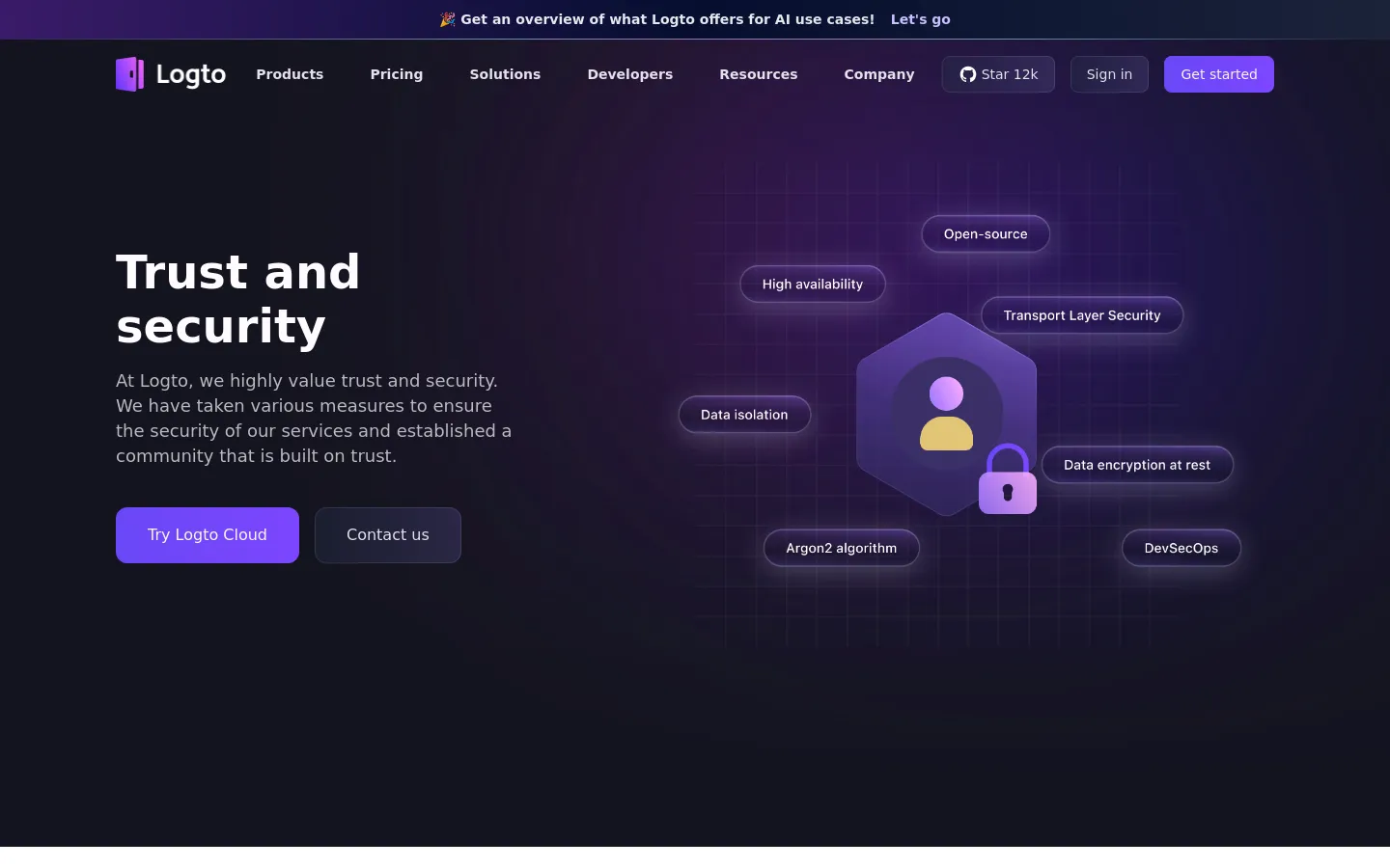 The desktop page features a dark purple gradient background with a large headline reading 'Trust and security' and a subtext about Logto's commitment to security. Below the text are two buttons, 'Try Logto Cloud' and 'Contact us', positioned next to a stylized graphic of a user icon with a padlock and floating labels like 'Open-source' and 'Data isolation'. The top navigation bar includes the Logto logo, menu links, a GitHub star count, and a 'Get started' button.