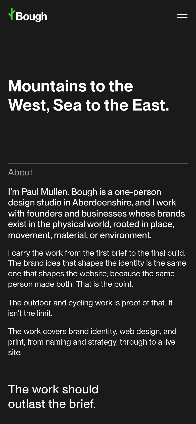 The mobile version maintains the dark theme and large, bold white headline 'Mountains to the West, Sea to the East.' The top navigation is condensed into a hamburger menu icon on the right, while the 'About' text and mission statement stack vertically for easier reading on a narrow screen.