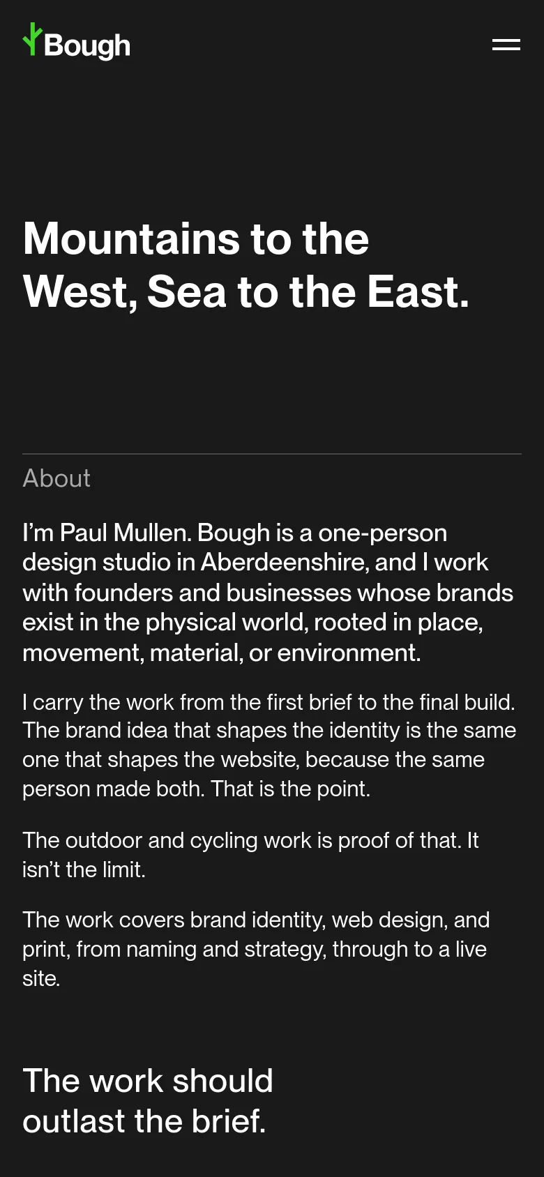 The mobile version maintains the dark theme and large, bold white headline 'Mountains to the West, Sea to the East.' The top navigation is condensed into a hamburger menu icon on the right, while the 'About' text and mission statement stack vertically for easier reading on a narrow screen.