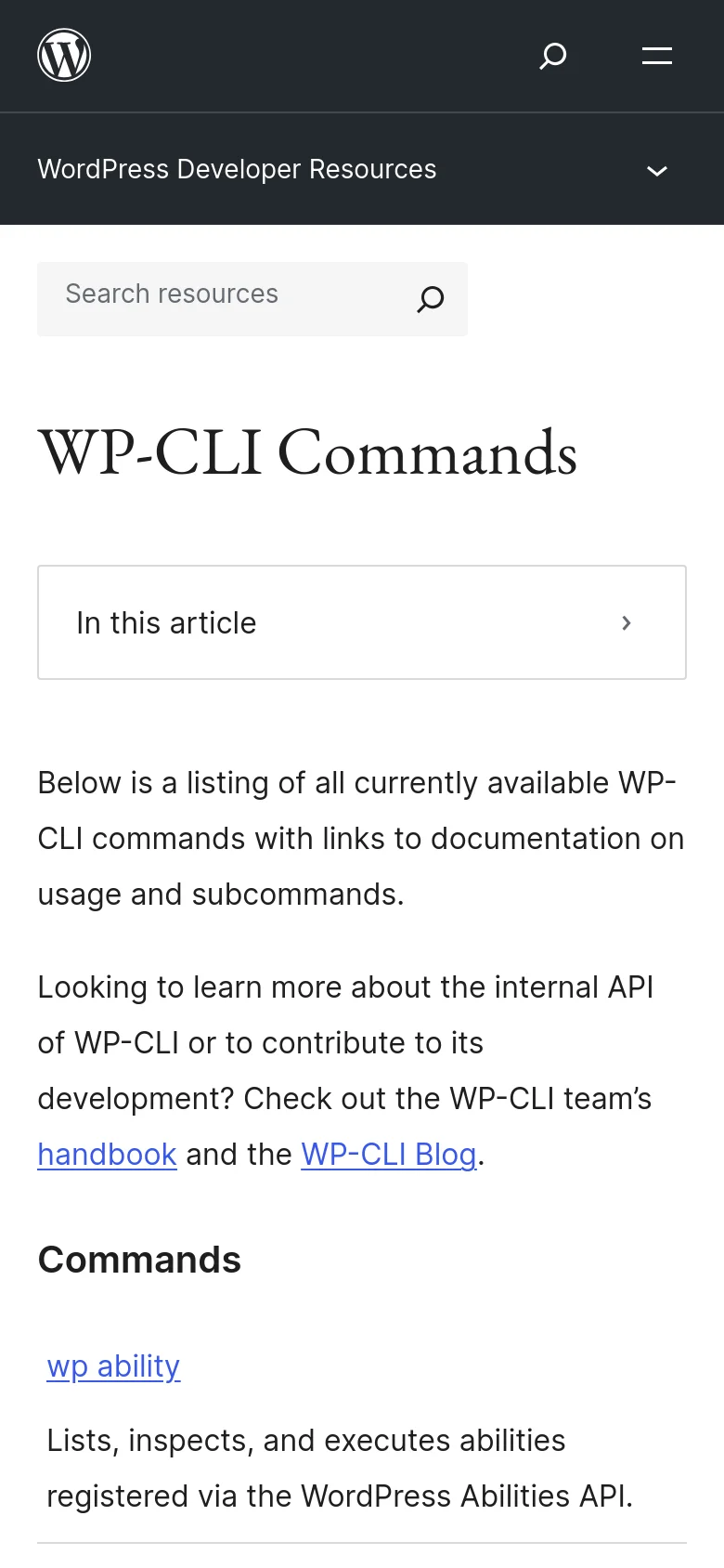 The mobile version simplifies the layout, moving the 'In this article' navigation into a collapsible menu located directly below the main title. The header is condensed, and the command table spans the full width of the screen for easier vertical scrolling on a smaller device.