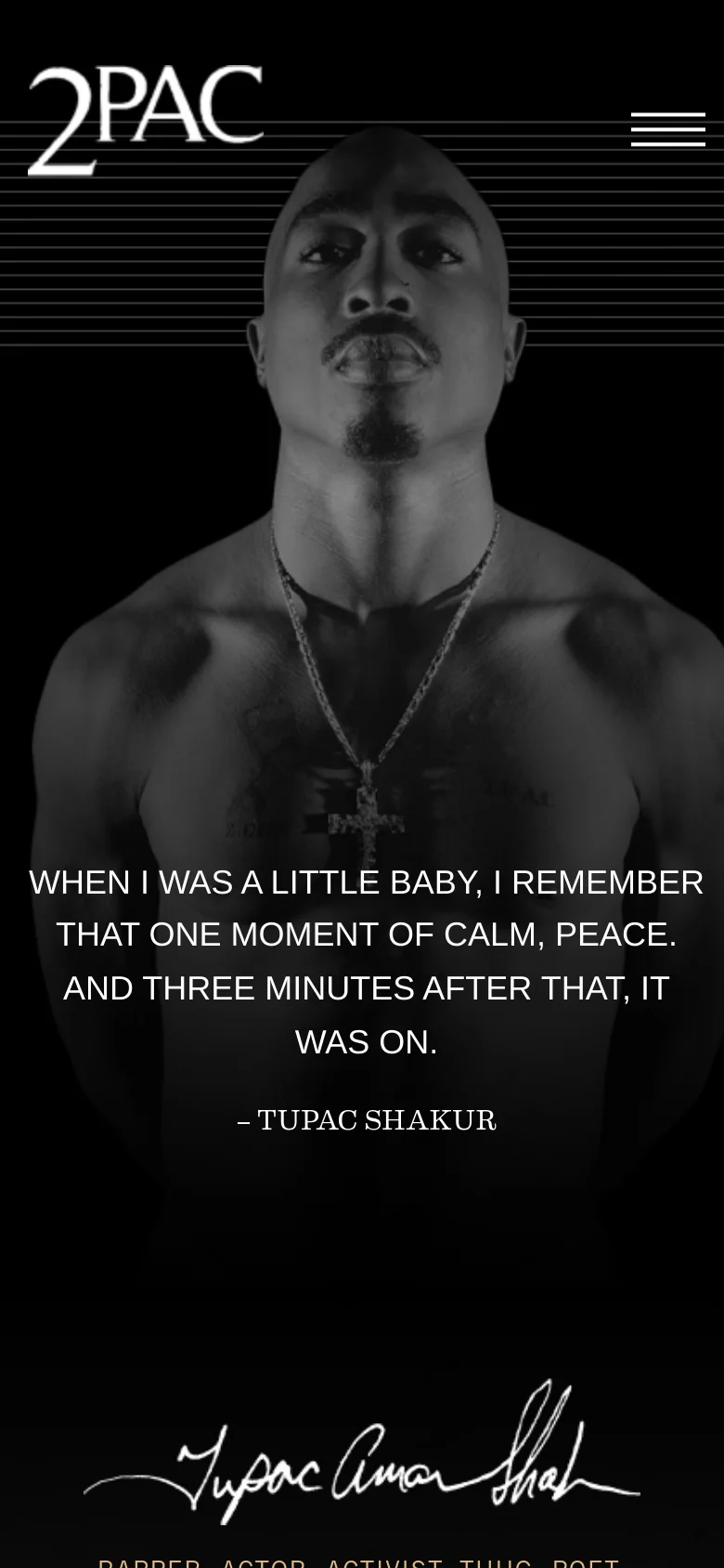 The mobile version maintains the black and white portrait of Tupac Shakur as the central focus. The top navigation is condensed into a hamburger menu icon on the right, while the 2Pac logo remains on the left.