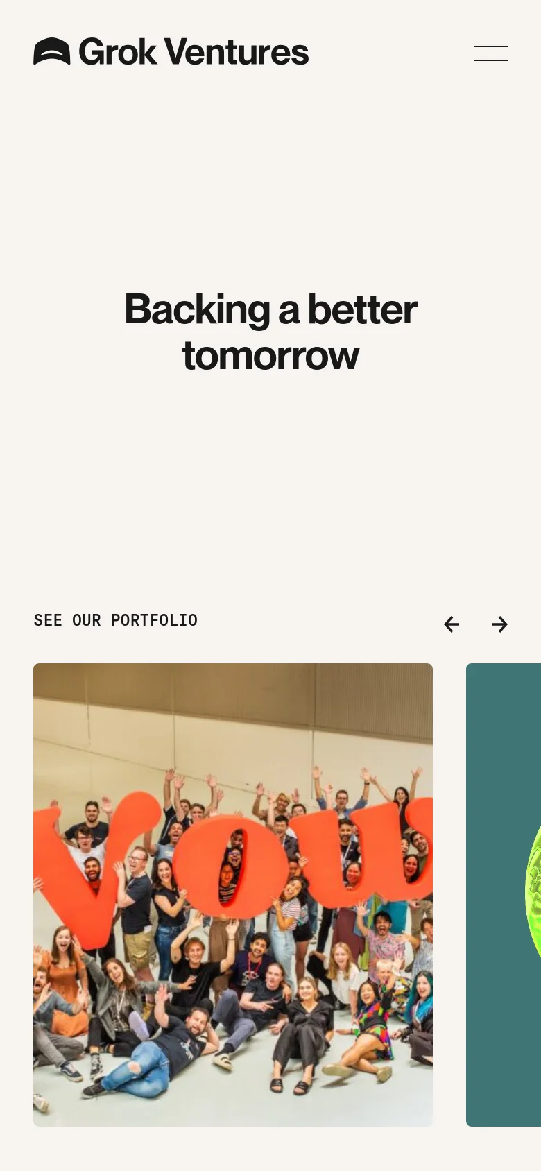 The mobile version simplifies the layout into a single-column vertical scroll. The header contains the Grok Ventures logo and a hamburger menu icon, while the hero headline 'Backing a better tomorrow' is centered above large, full-width image cards for each section.
