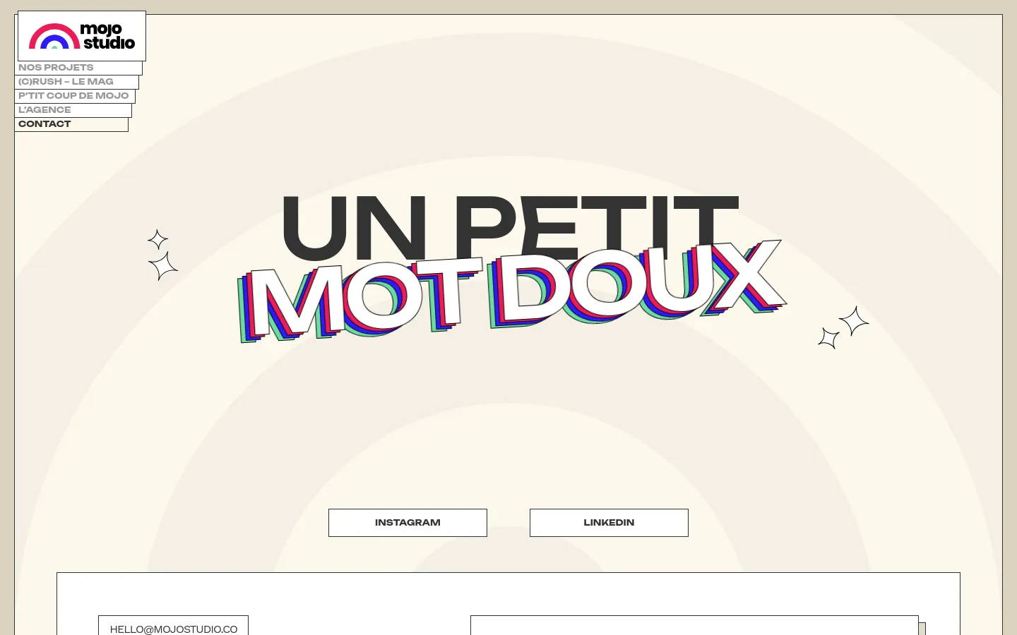 The desktop contact page features a minimalist cream background with large, stylized typography reading 'UN PETIT MOT DOUX' in a colorful, glitch-effect font. A sidebar navigation menu is on the left, and two prominent buttons for Instagram and LinkedIn are centered below the main headline.