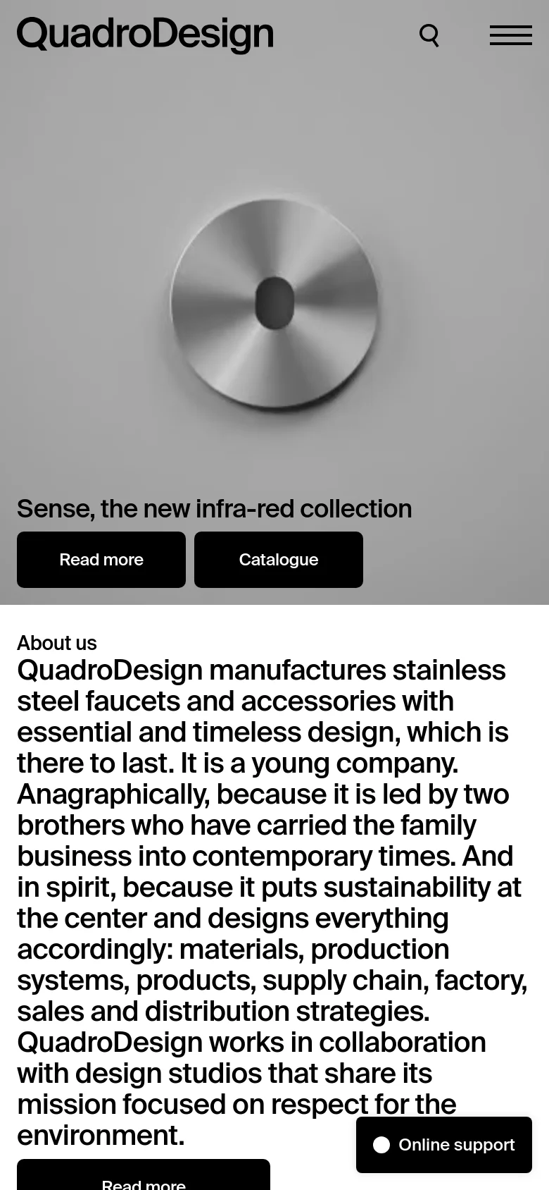 The mobile version presents a vertically stacked layout optimized for smaller screens. The large brand logo is centered at the top, followed by a hero image of a circular stainless steel product. Below the image, the text 'Sense, the new infra-red collection' is displayed above two prominent black buttons, 'Read more' and 'Catalogue', with an 'Online support' floating button at the bottom right.