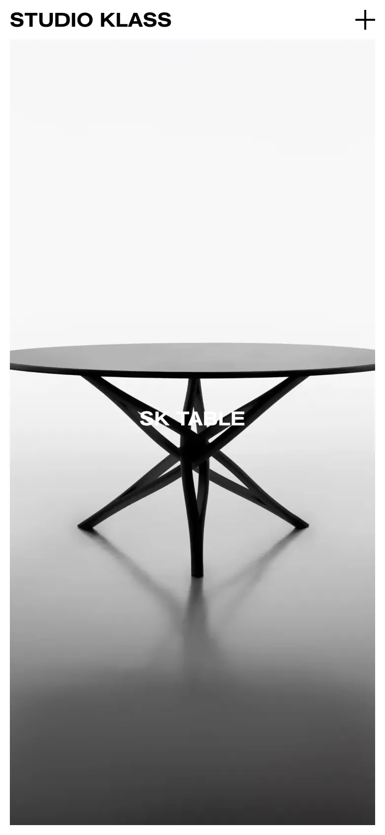 The mobile version presents a simplified vertical layout with the Studio Klass logo and a plus icon in the header. The hero image of the black SK Table occupies the full width of the screen, with the project title centered over the image. Navigation is condensed compared to the desktop view.