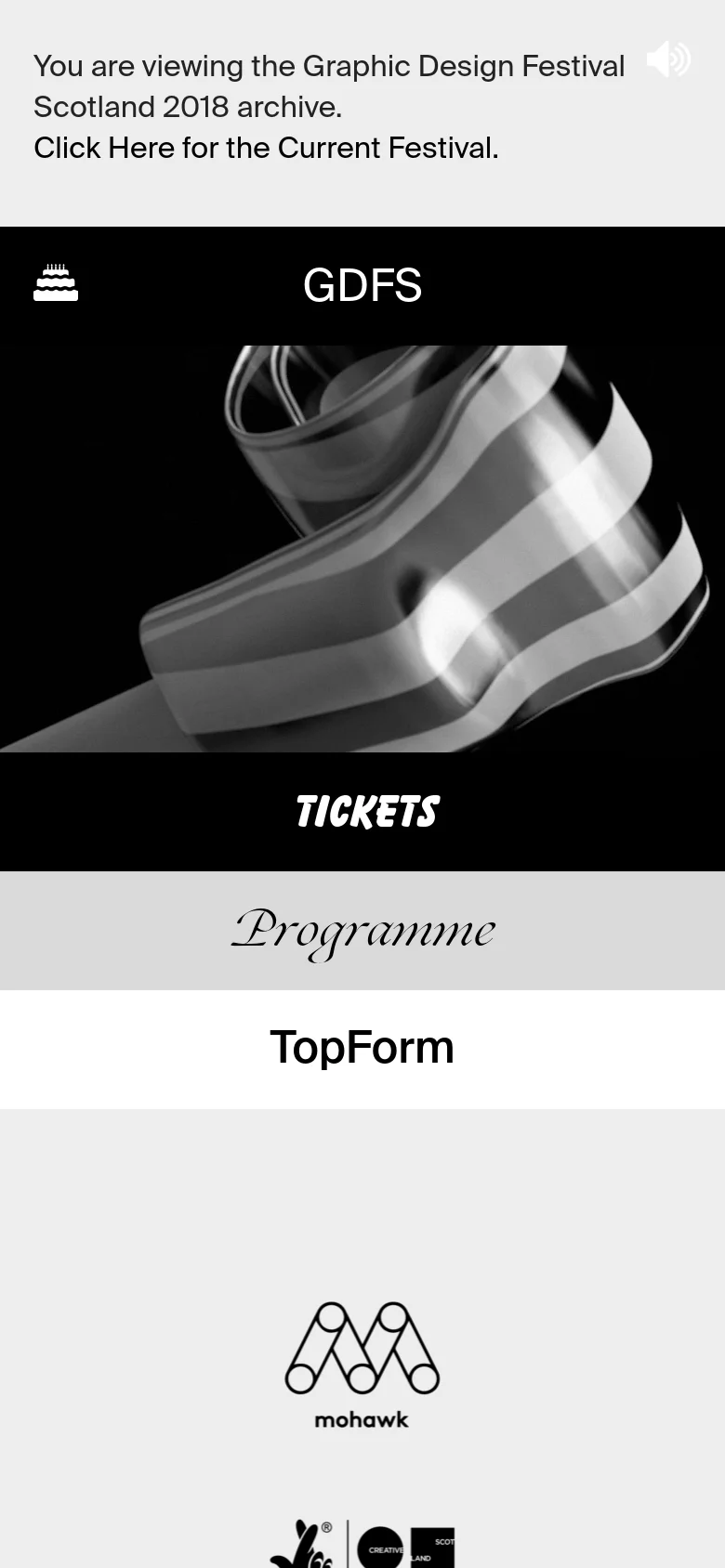 The mobile version maintains the dark, minimalist aesthetic but uses a more compact layout. The hero image is scaled for a vertical screen, and the navigation links for Tickets, Programme, and TopForm are stacked vertically as large, full-width touch targets.