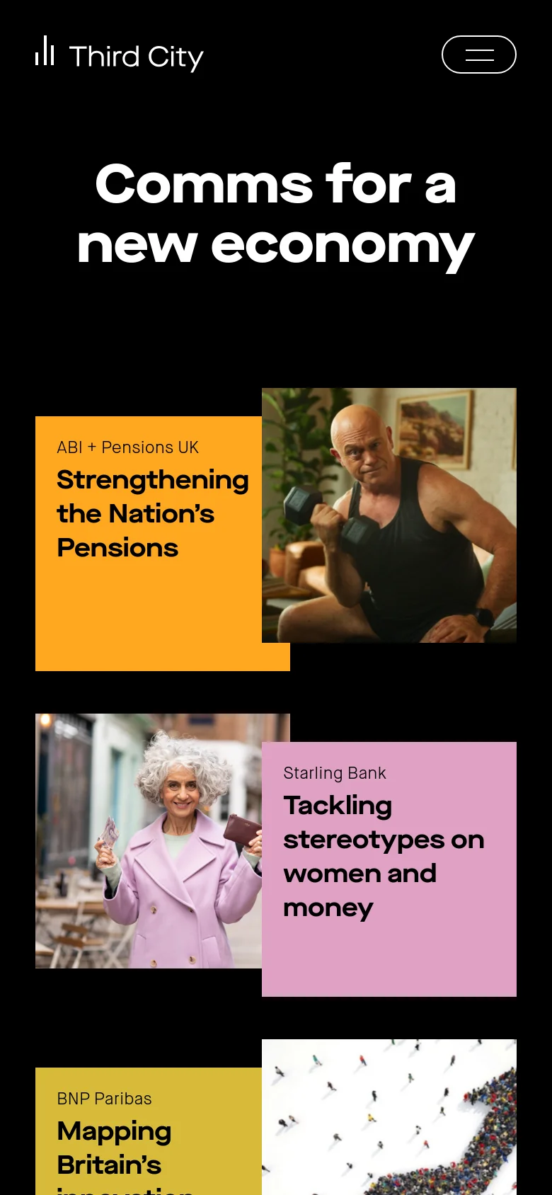 The mobile version maintains the black hero section with centered white headline text. The project cards below are stacked vertically in a single column, with the colorful text blocks and associated imagery appearing in a larger, more prominent format for easier scrolling.