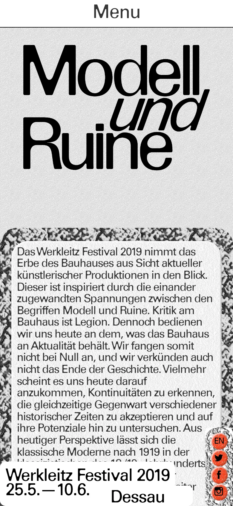 The mobile version presents a simplified vertical layout with the large black title 'Modell und Ruine' at the top. Below the title, a large block of descriptive text is displayed against the textured gray background, followed by the festival dates and location at the bottom.