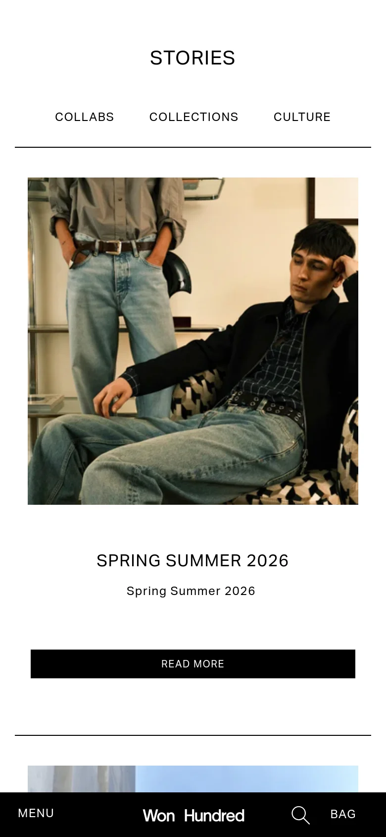 The mobile version maintains the minimalist white aesthetic but uses a centered layout for the 'STORIES' title and category links. The hero image and text are stacked vertically, with the lifestyle photo appearing above the 'SPRING SUMMER 2026' headline and the black 'READ MORE' call to action button.